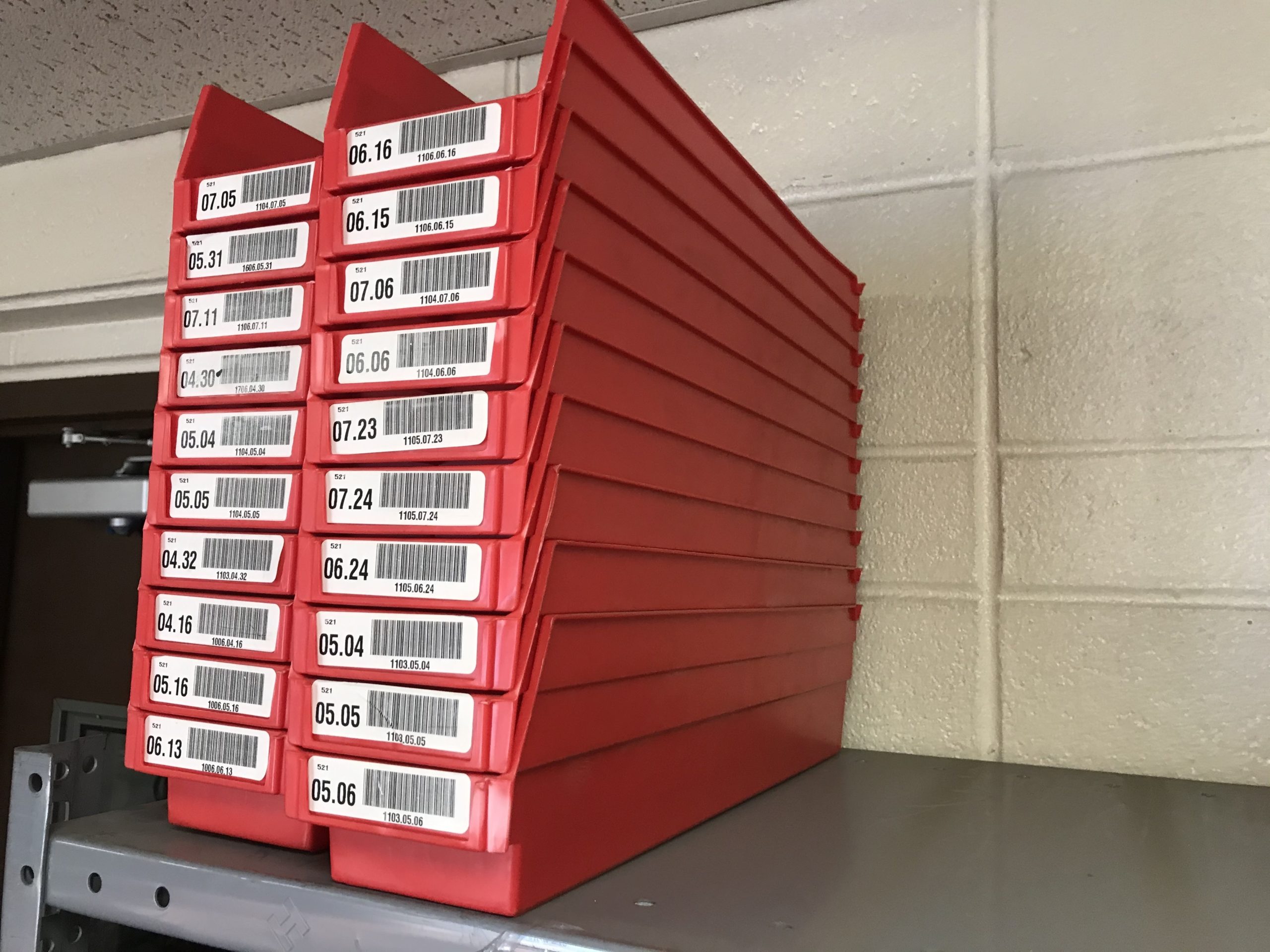 red shelf bins